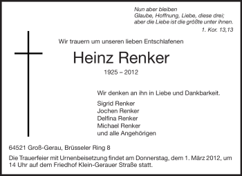 Traueranzeige von Heinz Renker von Rüsselsheimer Echo, Groß-Gerauer-Echo, Ried Echo
