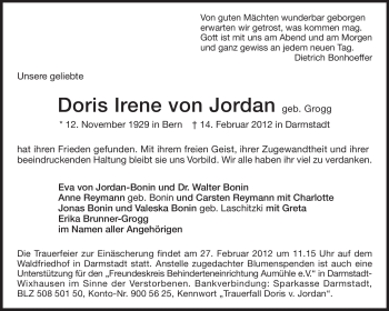 Traueranzeige von Doris Irene von Jordan von Darmstädter Echo, Odenwälder Echo, Rüsselsheimer Echo, Groß-Gerauer-Echo, Ried Echo