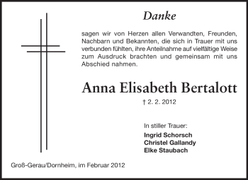 Traueranzeige von Anna Elisabeth Bertalott von Rüsselsheimer Echo, Groß-Gerauer-Echo, Ried Echo