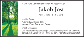 Traueranzeige von Jakob Jost von Echo-Zeitungen (Gesamtausgabe)