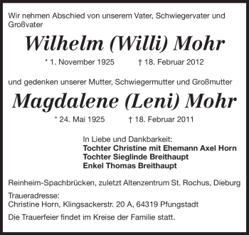 Traueranzeige von Wilhelm Mohr von Darmstädter Echo, Odenwälder Echo, Rüsselsheimer Echo, Groß-Gerauer-Echo, Ried Echo
