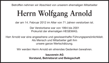 Traueranzeige von Wolfgang Arnold von Echo-Zeitungen (Gesamtausgabe)