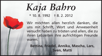 Traueranzeige von Kaja Bahro von Odenwälder Echo