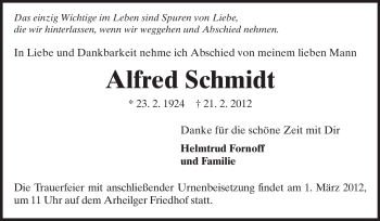 Traueranzeige von Alfred Schmidt von Echo-Zeitungen (Gesamtausgabe)