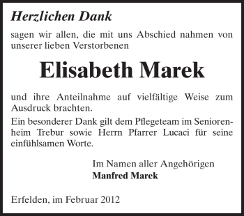 Traueranzeige von Elisabeth Marek von Rüsselsheimer Echo, Groß-Gerauer-Echo, Ried Echo