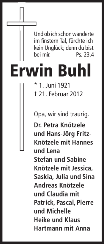 Traueranzeige von Erwin Buhl von Echo-Zeitungen (Gesamtausgabe)