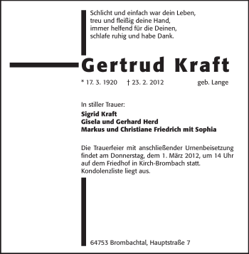 Traueranzeige von Gertrud Kraft von Odenwälder Echo