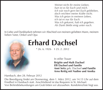 Traueranzeige von Erhard Dachsel von Starkenburger Echo, Bergsträßer Anzeiger