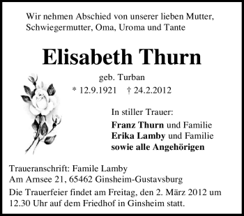 Traueranzeige von Elisabeth Thurn von Rüsselsheimer Echo, Groß-Gerauer-Echo, Ried Echo