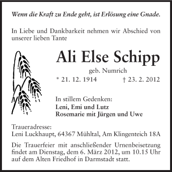 Traueranzeige von Ali Else Schipp von Echo-Zeitungen (Gesamtausgabe)