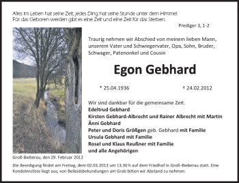 Traueranzeige von Egon Gebhard von Echo-Zeitungen (Gesamtausgabe)