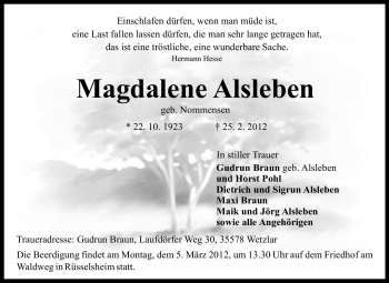 Traueranzeige von Magdalene Alsleben von Rüsselsheimer Echo, Groß-Gerauer-Echo, Ried Echo