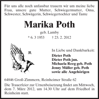 Traueranzeige von Marika Poth von Darmstädter Echo, Odenwälder Echo, Rüsselsheimer Echo, Groß-Gerauer-Echo, Ried Echo