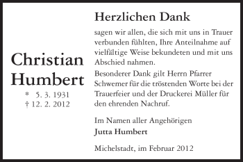 Traueranzeige von Christian Humbert von Odenwälder Echo