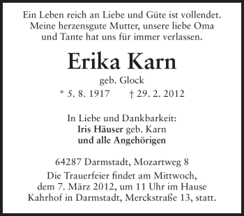 Traueranzeige von Erika Karn von Echo-Zeitungen (Gesamtausgabe)