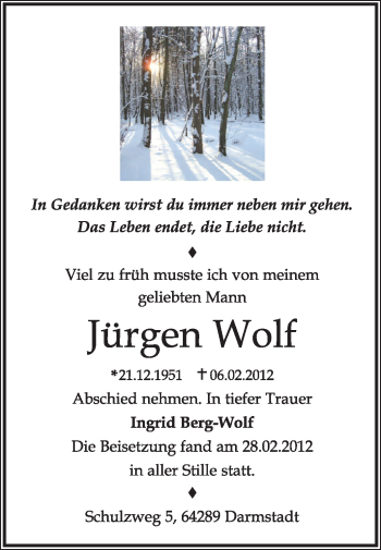 Traueranzeige von Jürgen Wolf von Echo-Zeitungen (Gesamtausgabe)