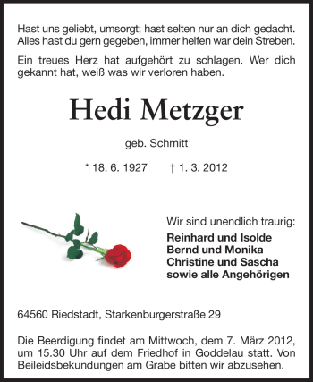Traueranzeige von Hedi Metzger von Rüsselsheimer Echo, Groß-Gerauer-Echo, Ried Echo