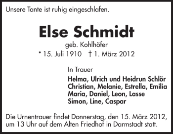 Traueranzeige von Else Schmidt von Echo-Zeitungen (Gesamtausgabe)