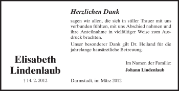 Traueranzeige von Elisabeth Lindenlaub von Echo-Zeitungen (Gesamtausgabe)