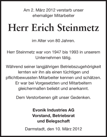 Traueranzeige von Erich Steinmetz von Echo-Zeitungen (Gesamtausgabe)