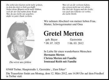 Traueranzeige von Gretel Merten von Rüsselsheimer Echo, Groß-Gerauer-Echo, Ried Echo