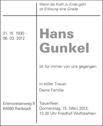 Traueranzeige von Hans Gunkel von Rüsselsheimer Echo, Groß-Gerauer-Echo, Ried Echo