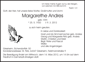 Traueranzeige von Margarethe Andres von Echo-Zeitungen (Gesamtausgabe)