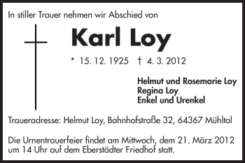 Traueranzeige von Karl Loy von Echo-Zeitungen (Gesamtausgabe)