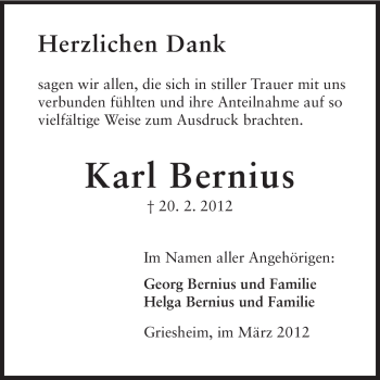 Traueranzeige von Karl Bernius von Darmstädter Echo, Odenwälder Echo, Rüsselsheimer Echo, Groß-Gerauer-Echo, Ried Echo