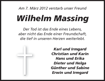 Traueranzeige von Wilhelm Massing von Rüsselsheimer Echo, Groß-Gerauer-Echo, Ried Echo