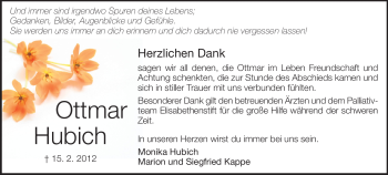 Traueranzeige von Ottmar Hubich von Echo-Zeitungen (Gesamtausgabe)