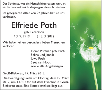 Traueranzeige von Elfriede Poth von Darmstädter Echo, Odenwälder Echo, Rüsselsheimer Echo, Groß-Gerauer-Echo, Ried Echo