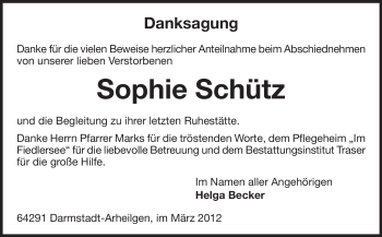 Traueranzeige von Sophie Schütz von Echo-Zeitungen (Gesamtausgabe)