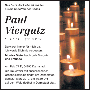 Traueranzeige von Paul Viergutz von Darmstädter Echo, Odenwälder Echo, Rüsselsheimer Echo, Groß-Gerauer-Echo, Ried Echo
