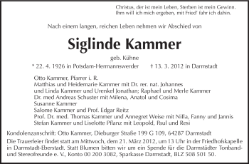 Traueranzeige von Siglinde Kammer von Darmstädter Echo, Odenwälder Echo, Rüsselsheimer Echo, Groß-Gerauer-Echo, Ried Echo