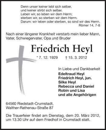 Traueranzeige von Friedrich Heyl von Rüsselsheimer Echo, Groß-Gerauer-Echo, Ried Echo