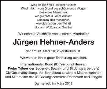 Traueranzeige von Jürgen Hehner-Anders von Echo-Zeitungen (Gesamtausgabe)