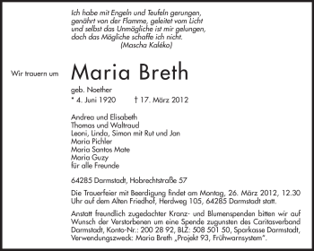 Traueranzeige von Maria Breth von Echo-Zeitungen (Gesamtausgabe)