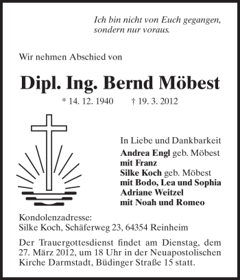 Traueranzeige von Bernd Möbest von Darmstädter Echo, Odenwälder Echo, Rüsselsheimer Echo, Groß-Gerauer-Echo, Ried Echo