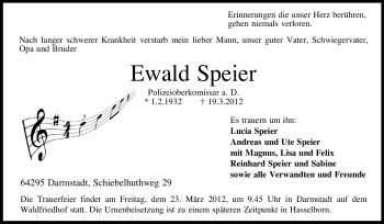 Traueranzeige von Ewald Speier von Echo-Zeitungen (Gesamtausgabe)