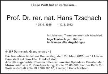 Traueranzeige von Hans Tzschach von Echo-Zeitungen (Gesamtausgabe)