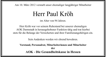 Traueranzeige von Paul Kröh von Darmstädter Echo, Odenwälder Echo, Rüsselsheimer Echo, Groß-Gerauer-Echo, Ried Echo