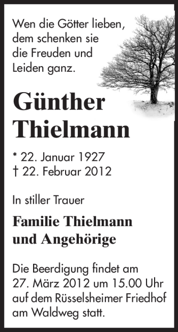 Traueranzeige von Günther Thielmann von Rüsselsheimer Echo, Groß-Gerauer-Echo, Ried Echo