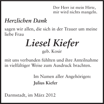 Traueranzeige von Liesel Kiefer von Echo-Zeitungen (Gesamtausgabe)
