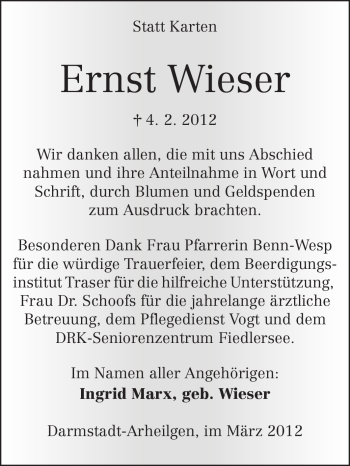 Traueranzeige von Johann Ernst Wieser von Echo-Zeitungen (Gesamtausgabe)