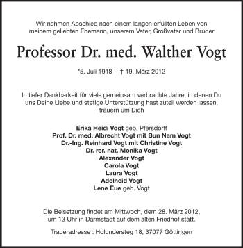 Traueranzeige von Walther Vogt von Echo-Zeitungen (Gesamtausgabe)