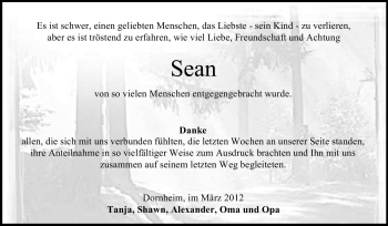 Traueranzeige von Sean Maholick von Echo-Zeitungen (Gesamtausgabe)