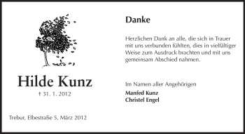 Traueranzeige von Hilde Kunz von Rüsselsheimer Echo, Groß-Gerauer-Echo, Ried Echo
