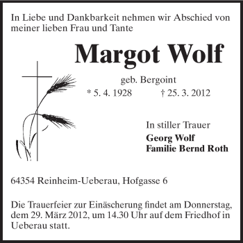 Traueranzeige von Margot Wolf von Darmstädter Echo, Odenwälder Echo, Rüsselsheimer Echo, Groß-Gerauer-Echo, Ried Echo