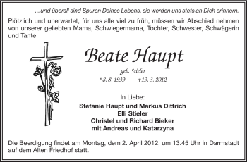 Traueranzeige von Beate Haupt von Darmstädter Echo, Odenwälder Echo, Rüsselsheimer Echo, Groß-Gerauer-Echo, Ried Echo